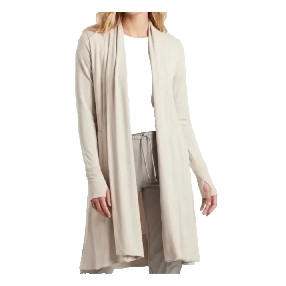 Athleta Women's XS Petite Cardigan Pranayama Long Wrap Beige Soft Knit Thumbhole